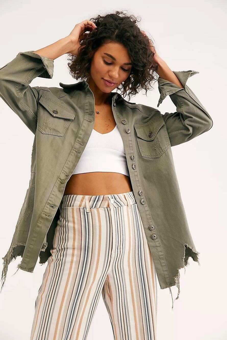 New Free People Moonchild Denim Buttondown Shirt Jacket $128 SMALL Olive